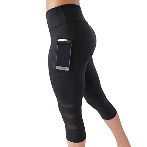 FYMNSI Damen Yogahose 3/4 Sporthose Leggings Tights Mesh Laufhose Bauchkontrolle Hohe Taille Mit Taschen Dehnbar Blickdicht Jogginghose für Yoga Sport Fitness Laufen Workout Streetwear Schwarz M von FYMNSI