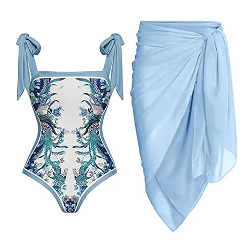 FYMNSI Damen Zweiteilig Badeanzug Blumen Druck Monokini Vinatge Bauchweg Rückenfrei Ruched Einteilige Bademode Swimsuit mit Strand Wrap Sarong Chiffon Wickelröcke Badekleid Schwimmrock Hellblau L von FYMNSI