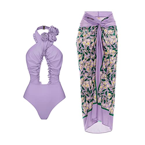 FYMNSI Damen Zweiteilig Badeanzug Neckholder Monokini Elegant Bauchweg Ruched Retro Einteilige Bademode Swimsuit mit Strand Wrap Sarong Chiffon Wickelröcke Blumen Badekleid Schwimmrock Violett M von FYMNSI