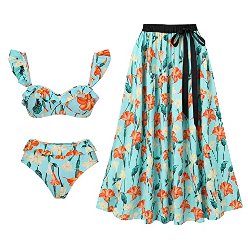 FYMNSI Damen Zweiteilig Badeanzug Push Up High Waisted Bikini Set Elegant Rüschen Bauchweg Ruched Einteilige Bademode Swimsuit mit Rock Strand Sarong Chiffon Wickelröcke Blumen Badekleid Aquamarin L von FYMNSI