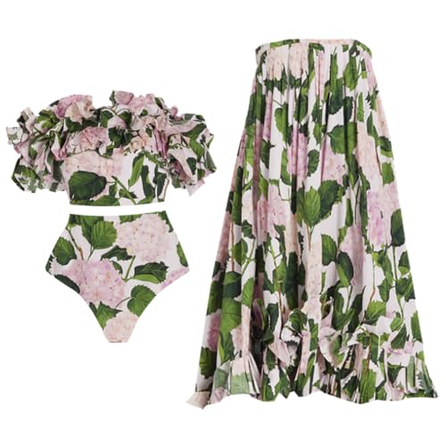 FYMNSI Damen Zweiteilig Badeanzug R?schen Schulterfrei Monokini Bauchweg Einteilige Bademode Swimsuit mit Maxi Langes Rock Sarong Chiffon Wickelr?cke Blumen Badekleid Strandmode Rosa Hortensie L von FYMNSI