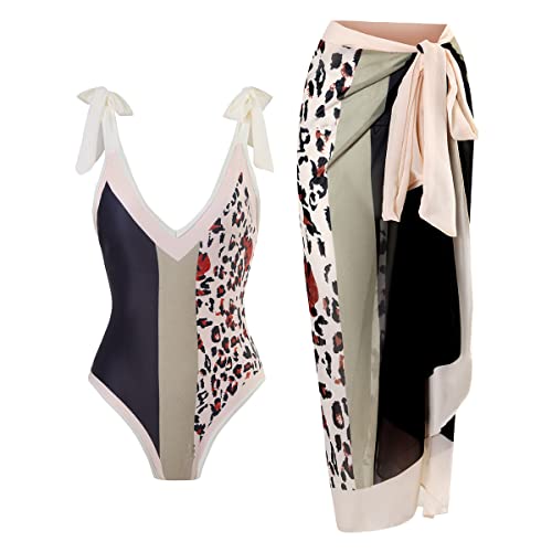 FYMNSI Damen Zweiteilig Badeanzug V-Ausschnitt Monokini Elegant Blumen Gedruckt Badeanzugkleid Badekleid Schwimmrock Retro Ruched Bauchweg Schwimmkleid Baderock Tankini Sport Schwimmanzug Leopard M von FYMNSI