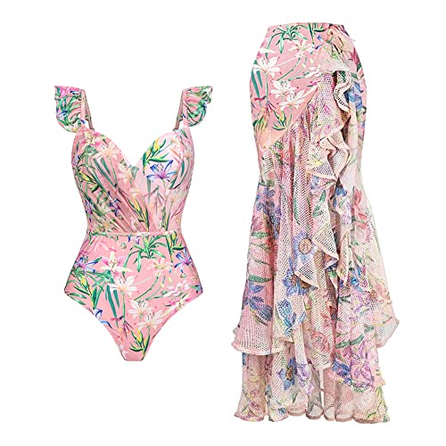 FYMNSI Damen Zweiteilig Badeanzug V-Ausschnitt Monokini Elegant Rüschen Bauchweg Rückenfrei Ruched Einteilige Bademode Swimsuit mit Rock Strand Sarong Chiffon Wickelröcke Blumen Badekleid Rosa L von FYMNSI