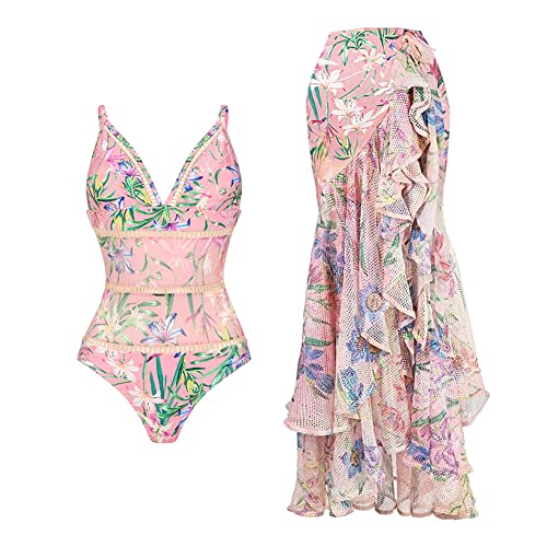 FYMNSI Damen Zweiteilig Badeanzug V-Ausschnitt Monokini Elegant Rüschen Bauchweg Rückenfrei Ruched Einteilige Bademode Swimsuit mit Rock Strand Sarong Chiffon Wickelröcke Blumen Badekleid Rosa M von FYMNSI