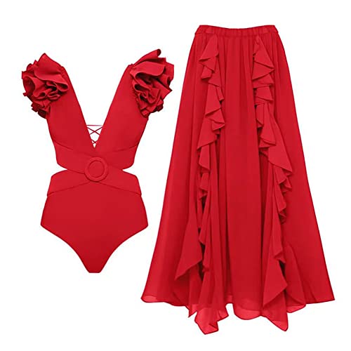 FYMNSI Damen Zweiteilig Badeanzug V-Ausschnitt Monokini Elegant Rüschen Bauchweg Rückenfrei Ruched Einteilige Bademode Swimsuit mit Rock Strand Sarong Chiffon Wickelröcke Vintage Badekleid Rot M von FYMNSI