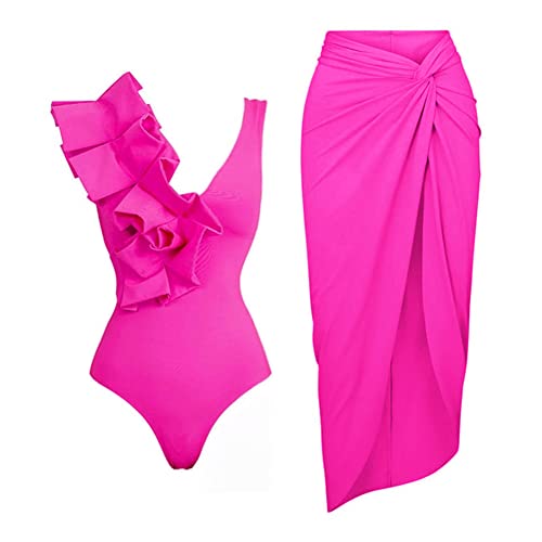 FYMNSI Damen Zweiteilig Badeanzug V-Ausschnitt Monokini Elegant Rüschen Bauchweg Rückenfrei Ruched Einteilige Bademode Swimsuit mit Strand Wrap Sarong Chiffon Wickelröcke Badekleid Schwimmrock Rose L von FYMNSI