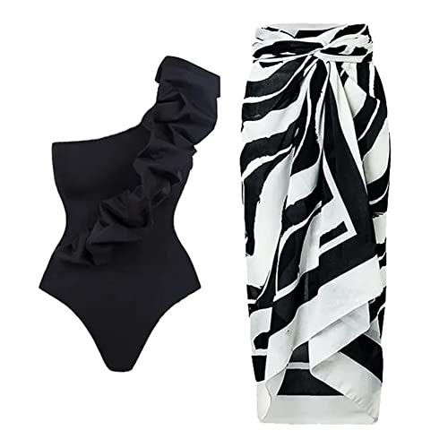 FYMNSI Damen Zweiteilig Badeanzug V-Ausschnitt Monokini Elegant Rüschen Bauchweg Rückenfrei Ruched Einteilige Bademode Swimsuit mit Strand Wrap Sarong Chiffon Wickelröcke Zebra Badekleid Schwarz L von FYMNSI