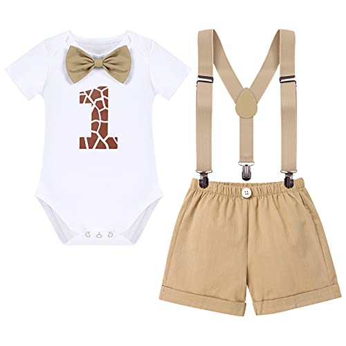 FYMNSI Dschungel 1. Erster Geburtstag Party Kleidung für Baby Jungen Giraffe Baumwolle Kurzarm Fliege Strampler Body Y-Rücken Hosenträger Shorts Bekleidungsset Safari Wald Fotoshooting Khaki 3er Set von FYMNSI