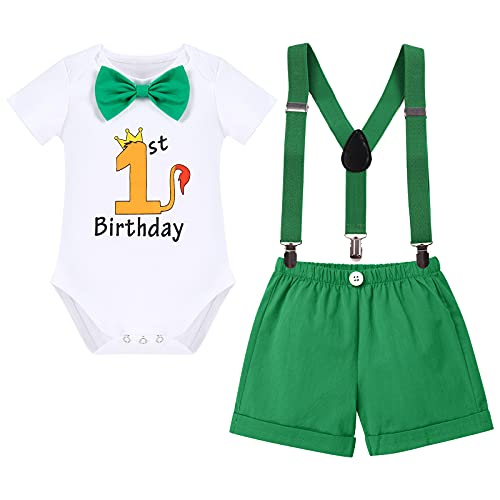 FYMNSI Dschungel 1. Erster Geburtstag Party Kleidung für Baby Jungen Löwe Baumwolle Kurzarm Fliege Strampler Body Hosenträger Shorts Bekleidungsset Safari Wald Ein Jahr Fotoshooting Grün 3er Set von FYMNSI