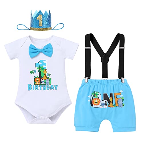 FYMNSI Dschungel Baby Jungen 1. Geburtstag Party Outfit Waldtier Baumwolle Kurzarm Strampler Body Shorts Hosenträger König Krone Hut Bekleidungsset Fotoshooting Kostüme 4tlg Blau 12-18 Monate von FYMNSI