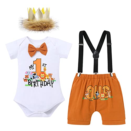 FYMNSI Dschungel Baby Jungen 1. Geburtstag Party Outfit Waldtier Baumwolle Kurzarm Strampler Body Shorts Hosenträger König Krone Hut Bekleidungsset Fotoshooting Kostüme 4tlg Braun 12-18 Monate von FYMNSI