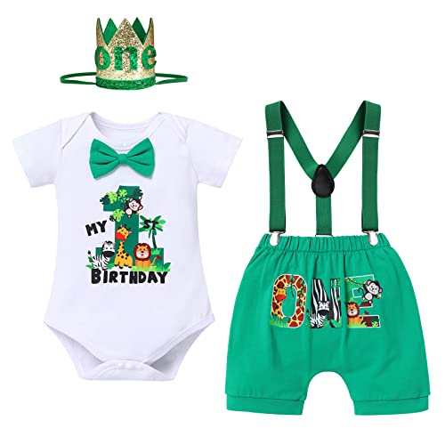 FYMNSI Dschungel Baby Jungen 1. Geburtstag Party Outfit Waldtier Baumwolle Kurzarm Strampler Body Shorts Hosenträger König Krone Hut Bekleidungsset Fotoshooting Kostüme 4tlg Grün 12-18 Monate von FYMNSI