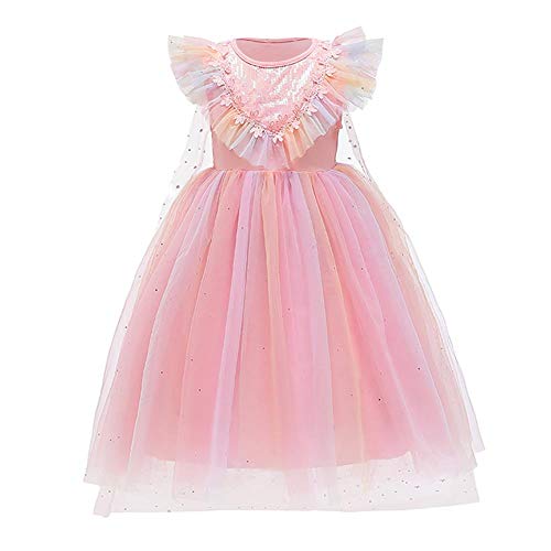 FYMNSI ELSA Kostüm Mädchen Eiskönigin Verkleidung Prinzessin Pailletten Tüllkleid mit Schneeflocke Umhang Outfit für Karneval Fasching Halloween Cosplay Weihnachten Geburtstag Party Rosa 7-8 Jahre von FYMNSI