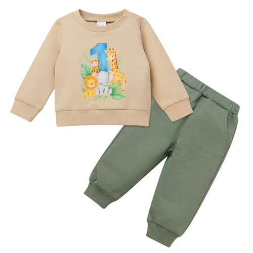FYMNSI Erster 1 Geburtstag Outfit Jungen Baby Dschungel Safari Tier Themen Ein Jahr Alt Party Kleidung Rundhals Langarm Sweatshirt Tops mit Hosen Set Herbst Winter Freizeitkleidung Grün 9-12 Monate von FYMNSI