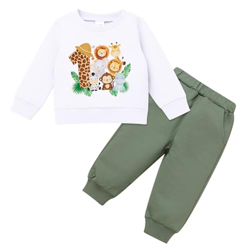FYMNSI Erster 1 Geburtstag Outfit Jungen Baby Dschungel Safari Tier Themen Ein Jahr Alt Party Kleidung Rundhals Langarm Sweatshirt Tops mit Hosen Set Herbst Winter Freizeitkleidung Weiß 12-18 Monate von FYMNSI