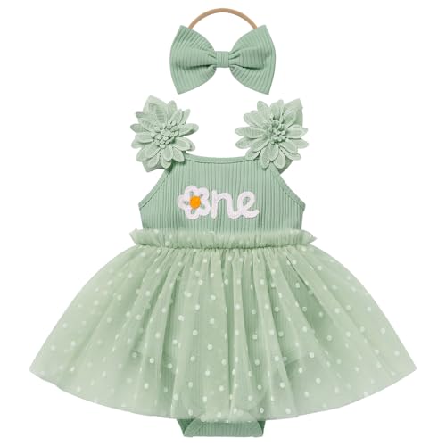 FYMNSI Erster Geburtstag Outfit M�dchen Baby 1 Jahr Party Prinzessin T�t� Kleid Blumen �rmellos Bodykleid Festkleid Taufkleid Sommerkleid mit Stirnband Fotoshooting Set Gr�n 12-18 Monate von FYMNSI