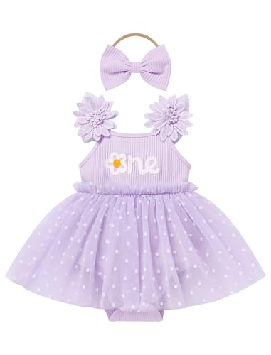 FYMNSI Erster Geburtstag Outfit M�dchen Baby 1 Jahr Party Prinzessin T�t� Kleid Blumen �rmellos Bodykleid Festkleid Taufkleid Sommerkleid mit Stirnband Fotoshooting Set Lila 12-18 Monate von FYMNSI