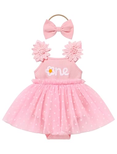 FYMNSI Erster Geburtstag Outfit M�dchen Baby 1 Jahr Party Prinzessin T�t� Kleid Blumen �rmellos Bodykleid Festkleid Taufkleid Sommerkleid mit Stirnband Fotoshooting Set Rosa 9-12 Monate von FYMNSI