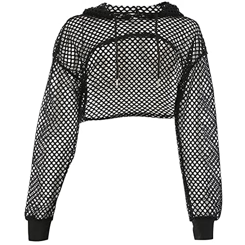 FYMNSI Festival Outfit Damen Techno Rave Oberteil Bauchfrei Crop Top Langarm Netz T-Shirt mit Kapuze Casual Kleidung Frauen Netzoberteil Netzpullover Sommer Cropshirt f?r Party Strand Urlaub Schwarz M von FYMNSI