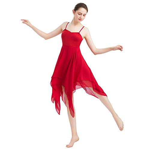 FYMNSI Frauen Damen Lyrisches Tanzkleid Modern Contemporary Tanzkleidung Irregulär Trägerkleid Chiffon Rock Ballett Lyrisch Tanz Kleid Bühnenanzug Kostüm Lyrical Dancewear Rot L von FYMNSI