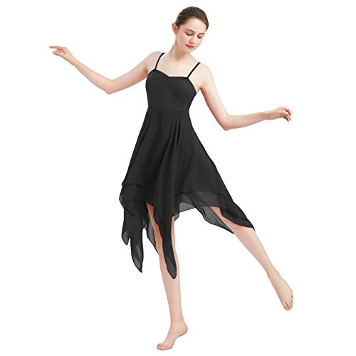 FYMNSI Frauen Damen Lyrisches Tanzkleid Modern Contemporary Tanzkleidung Irregulär Trägerkleid Chiffon Rock Ballett Lyrisch Tanz Kleid Bühnenanzug Kostüm Lyrical Dancewear Schwarz S von FYMNSI