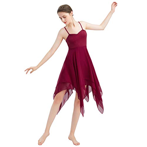 FYMNSI Frauen Damen Lyrisches Tanzkleid Modern Contemporary Tanzkleidung Irregulär Trägerkleid Chiffon Rock Ballett Lyrisch Tanz Kleid Bühnenanzug Kostüm Lyrical Dancewear Weinrot XS von FYMNSI