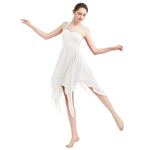 FYMNSI Frauen Damen Lyrisches Tanzkleid Modern Contemporary Tanzkleidung Irregulär Trägerkleid Chiffon Rock Ballett Lyrisch Tanz Kleid Bühnenanzug Kostüm Lyrical Dancewear Weiß M von FYMNSI