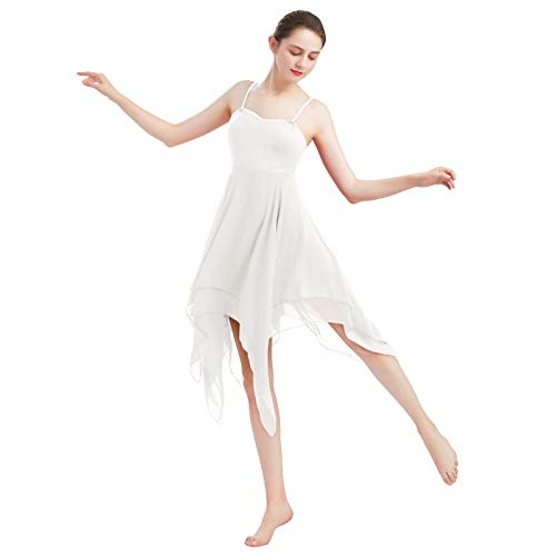 FYMNSI Frauen Damen Lyrisches Tanzkleid Modern Contemporary Tanzkleidung Irregulär Trägerkleid Chiffon Rock Ballett Lyrisch Tanz Kleid Bühnenanzug Kostüm Lyrical Dancewear Weiß XL von FYMNSI