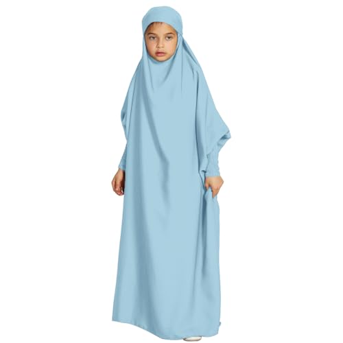 FYMNSI Gebetskleidung F?r Kinder, Einteiliges Muslimisches Kleid f?r M?dchen, Langarm Islamisches Gebetskleid mit Hijab Langes Abaya Muslim Kaftan Ramadan Dubai Arabisch T?rkische Robe Blau 8-9 Jahre von FYMNSI