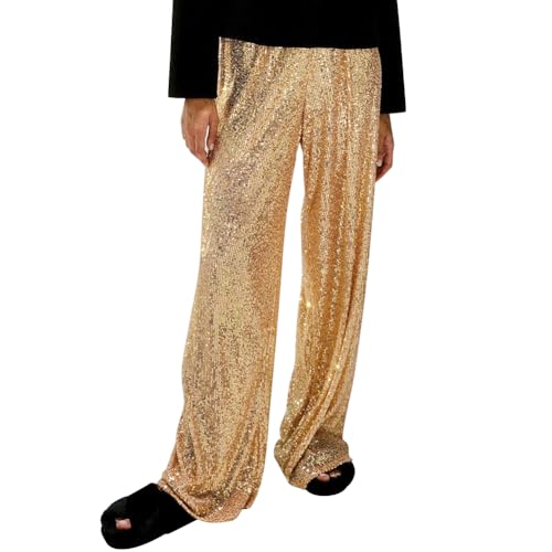 FYMNSI Glitzer Hose Damen Lang Pailletten Hosen L?ssig Elastisch Hohe Taille Weites Bein Business Paillettenhose Elegant High Waist Palazzo f?r Arbeit B?ro Streetwear Freizeit 70er Party Gold S von FYMNSI