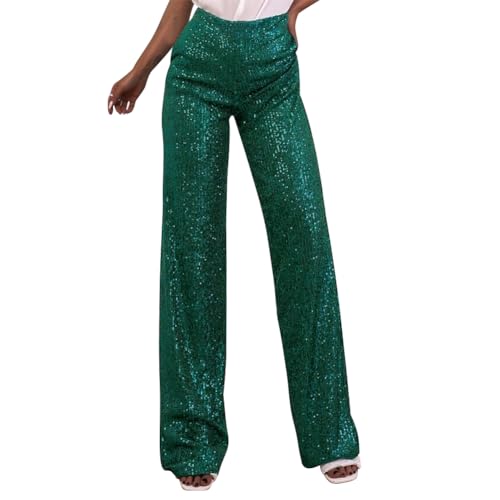 FYMNSI Glitzer Hose Damen Lang Pailletten Hosen Lässig Elastisch Hohe Taille Weites Bein Business Paillettenhose Elegant High Waist Palazzo für Arbeit Büro Streetwear Freizeit 70er Party Grün M von FYMNSI