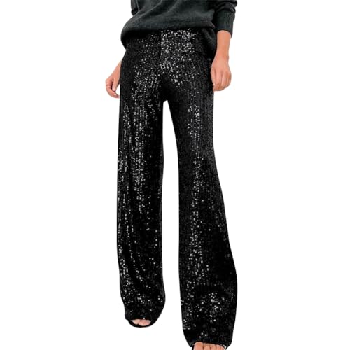 FYMNSI Glitzer Hose Damen Lang Pailletten Hosen Lässig Elastisch Hohe Taille Weites Bein Business Paillettenhose Elegant High Waist Palazzo für Arbeit Büro Streetwear Freizeit 70er Party Schwarz M von FYMNSI