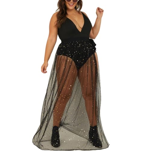 FYMNSI Glitzer Rock Damen Lang Durchsichtig Mesh Rock Festival Schwarzer Langer T�llrock Wickelrock Hoh Taille Schlitzrock Party Netzrock Strand Bikini Cover Up Maxirock mit Schlitz Schwarz M von FYMNSI