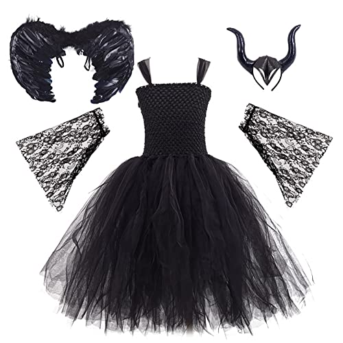 FYMNSI Halloween Kinder Kostüm Mädchen Maleficent Kleid Engelsflügel Hörner Stirnband Spitze Armstulpe Set Halloween Fasching Party Cosplay Böse Königin Bösartige Hexenkönigin Verkleidung Schwarz 11J von FYMNSI