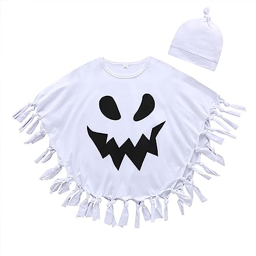 FYMNSI Halloween Kinderkostüm Geisterumhang Umhang mit Hut Geistergesicht Aufdruck Kinder Jungen Mädchen Gespenst Mottoparty Karneval Fashing Mottoparty Cosplay Ghost Cloak Weiß + Hut 2-3 Jahre von FYMNSI