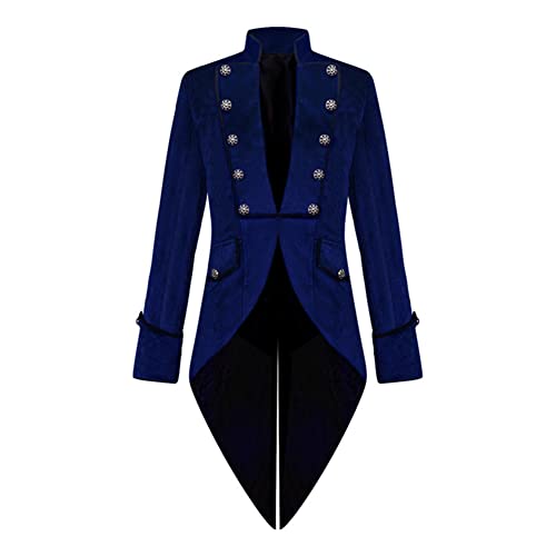 FYMNSI Halloween Mittelalter Viktorianische Jacke Kostüme für Männer Steampunk Gothic Frack Mantel Uniform Lange Smoking Renaissance Piraten Vampir Cosplay Kostüme für Herren Erwachsene Blau S von FYMNSI