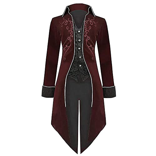 FYMNSI Halloween Mittelalter Viktorianische Jacke f?r M?nner Steampunk Gothic Frack Mantel Uniform Lange Smoking Renaissance Piraten Vampir Cosplay Kost?me f?r Herren Erwachsene Weinrot XL von FYMNSI