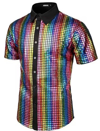FYMNSI Herren 70er Disco Pailletten Hemd Gl�nzend Oberteile Metallic Kurzarm Slim Fit Button Down Shirts Mottoparty Nightclub Glitzer Shirt 80er Jahre Outfit Fasching Karneval Kost�m Bunt XXL von FYMNSI
