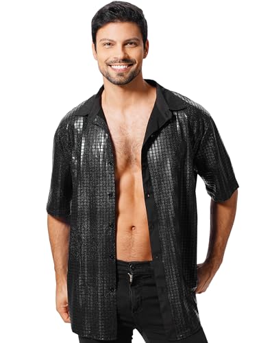 FYMNSI Herren 70er Disco Pailletten Hemd Gl�nzend Oberteile Metallic Kurzarm Slim Fit Button Down Shirts Mottoparty Nightclub Glitzer Shirt 80er Jahre Outfit Fasching Karneval Kost�m Schwarz M von FYMNSI