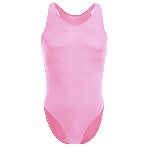 FYMNSI Herren Body Rückenfrei Kompression Durchsichtig Stringbody Ärmellos Männerbody Unterwäsche Muskel Shirt High Cut Wrestling Unterhemd Leotard Einteiler Dessous Nachtwäsche Rosa von FYMNSI