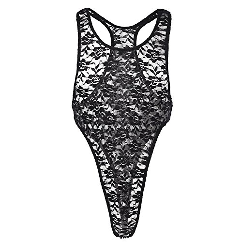 FYMNSI Herren Body Sissy Transparent Spitzenbody Ärmellos Bodysuit Einteiler Stringbody Unterwäsche Unterhemd Sommer Männerbody Overall Nachtwäsche Muskel Shirt Tanktop Reizwäsche Dessous Schwarz XXL von FYMNSI