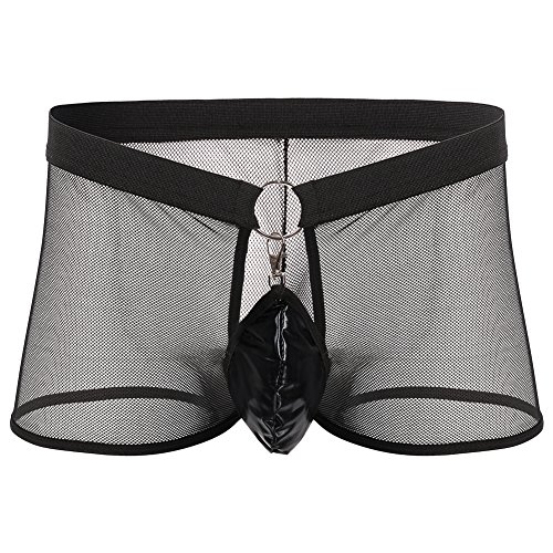 FYMNSI Herren Boxershort Transparent Netz Briefs Slip Metall Ring Retroshorts Männer Boxerbriefs Sexy Mesh Unterwäsche Durchsichtige Trunks Shorts Dessous Unterhosen Reizwäsche Nachtwäsche Schwarz von FYMNSI