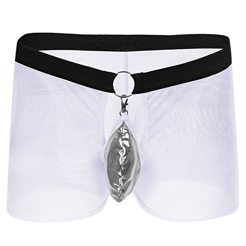 FYMNSI Herren Boxershort Transparent Netz Briefs Slip Metall Ring Retroshorts Männer Boxerbriefs Sexy Mesh Unterwäsche Durchsichtige Trunks Shorts Dessous Unterhosen Reizwäsche Nachtwäsche Weiß von FYMNSI