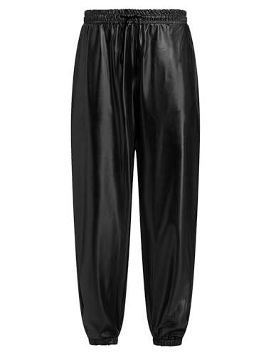FYMNSI Herren Gl�nzende Metallic Hose PU Leder Wetlook Glitzer Jogginghose Nachtclub Disco Hosen Kordelzug Elastische High Waist 80er 90er Jahre Kost�m Festival Hip Hop Tanzkleidung Schwarz 2XL von FYMNSI