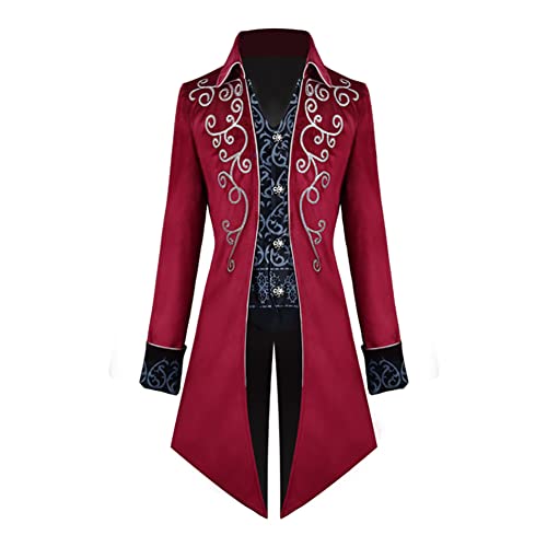 FYMNSI Herren Gothic Steampunk Frack Mantel M?nner Langes Smoking Mittelalter Viktorianischen Retro Jacke mit Waistcoat Uniform Karneval Fasching Halloween Kost?m Party Cosplay 1# Weinrot M von FYMNSI