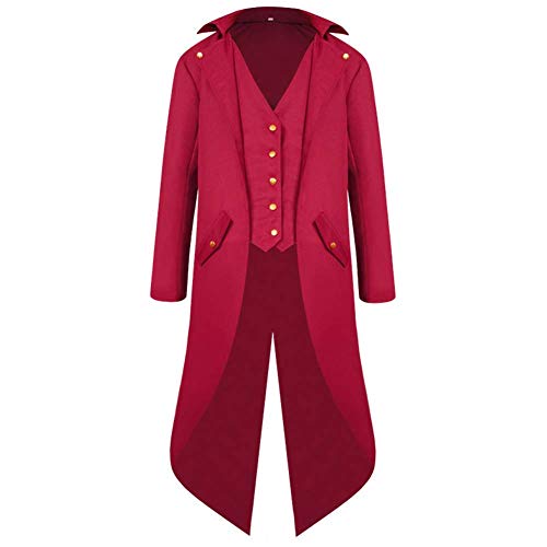 FYMNSI Herren Gothic Steampunk Frack Mantel Männer Mittelalter Viktorianischen Vintage Jacke mit Waistcoat Uniform Lange Smoking Karneval Fasching Halloween Kostüm Party Cosplay Verkleidung Rot M von FYMNSI
