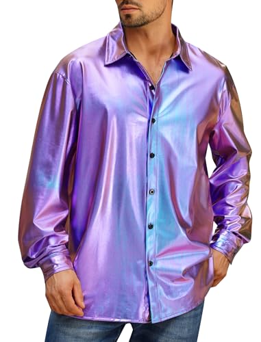 FYMNSI Herren Metallic Langarm Hemd 70er Disco Party Kost�m Button Down Gl�nzend Kleid Shirts Nachtclub Top Locker Freizeithemd 80er Jahre Outfit Karneval Fasching Oberteil Lila 2XL von FYMNSI