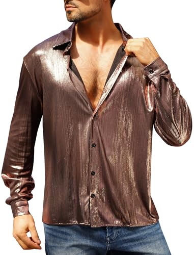 FYMNSI Herren Metallic Langarm Hemd 70er Disco Party Kost�m Slim Fit Button Down Gl�nzend Kleid Shirts Nachtclub Top Locker Freizeithemd 80er Jahre Outfit Karneval Fasching Oberteil Braun M von FYMNSI
