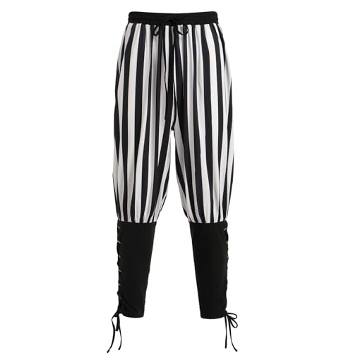 FYMNSI Herren Mittelalter Hose Piratenhose Halloween Cosplay Pirate Kostüm Schwarz Weiß Gestreift Schnürhose Wikinger Renaissance Kordelzug Mittelalterhose Leinenhose Jahrgang Gothic Schwarz XL von FYMNSI