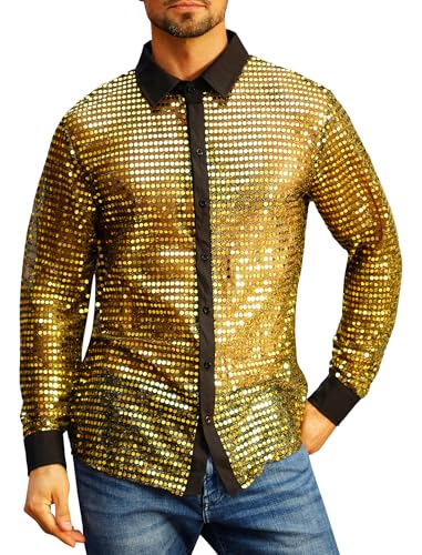 FYMNSI Herren Pailletten Langarm Hemd 70er Disco Party Kost�m Slim Fit Button Down Gl�nzend Kleid Shirts Durchsichtig Nachtclub Top Freizeithemd 80er Jahre Outfit Karneval Fasching Oberteil Gold M von FYMNSI